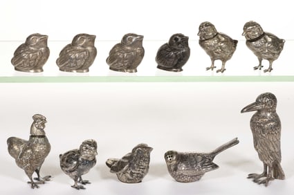 ASSORTED STERLING AND 0.800 SILVER FIGURAL BIRD SALT / PEPPER SHAKERS, LOT OF 11