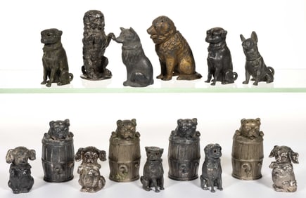 ASSORTED SILVER-TONED AND OTHER METAL FIGURAL DOG SALT / PEPPER SHAKERS, LOT OF 15