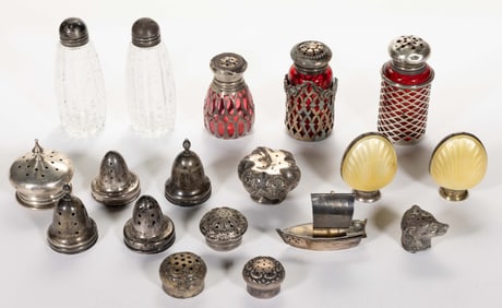 ASSORTED STERLING AND OTHER SILVER SALT / PEPPER SHAKERS AND PARTS, LOT OF 18