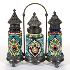 FRENCH LONGWY CERAMIC THREE-PIECE CONDIMENT SET WITH STAND