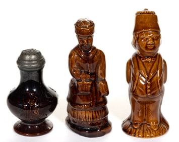 ASSORTED ROCKINGHAM-GLAZED POTTERY SALT AND PEPPER SHAKERS, LOT OF THREE