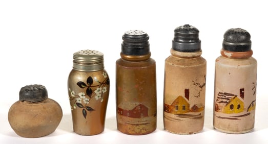 ASSORTED HAND-PAINTED EARTHENWARE / REDWARE SALT / PEPPER SHAKERS, LOT OF FIVE