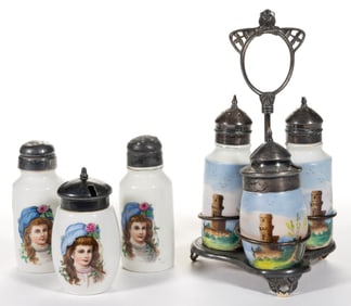 CONTINENTAL PORCELAIN HAND-PAINTED THREE-PIECE CONDIMENT SETS, LOT OF TWO