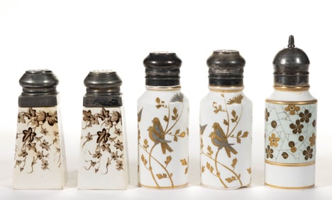 ENGLISH PORCELAIN SALT / PEPPER SHAKERS, LOT OF FIVE