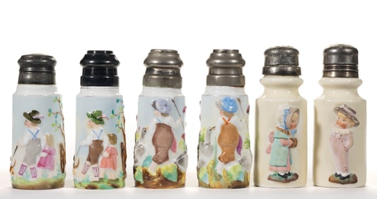 CONTINENTAL PORCELAIN EMBOSSED DECORATION SALT / PEPPER SHAKER PAIRS, LOT OF THREE