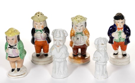 CONTINENTAL AND ENGLISH CERAMIC TOBY AND OTHER FIGURAL SHAKERS, LOT OF SIX
