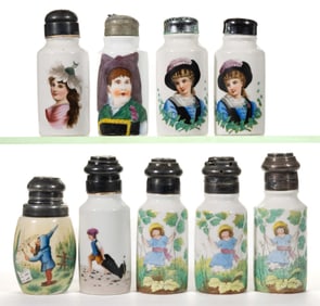 CONTINENTAL PORCELAIN TRANSFER-PRINTED CERAMIC SALT / PEPPER SHAKERS, LOT OF NINE