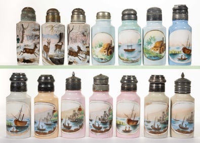 CONTINENTAL PORCELAIN LANDSCAPE MOTIF HAND-PAINTED SALT / PEPPER SHAKERS, LOT OF 14