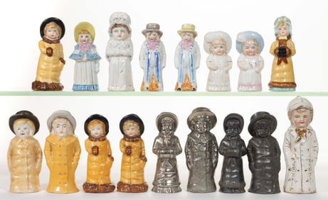 CONTINENTAL KATE GREENAWAY-STYLE CERAMIC AND METAL SHAKERS, LOT OF 17