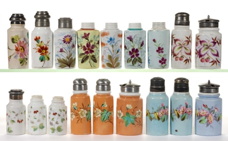 CONTINENTAL PORCELAIN HAND-PAINTED FLORAL MOTIF CONDIMENT ARTICLES, LOT OF 18