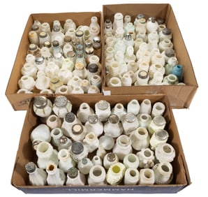 ASSORTED OPAQUE WHITE / MILK GLASS SALT AND PEPPER SHAKERS, UNCOUNTED LOT IN THREE BOXES