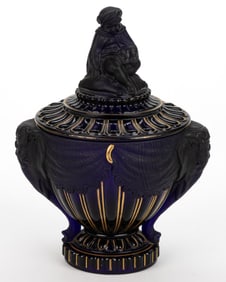 RARE BACCARAT PRESSED GLASS "ELEPHANT AND MAHOUT" URN-FORM COVERED SUGAR BOWL / BON BON DISH