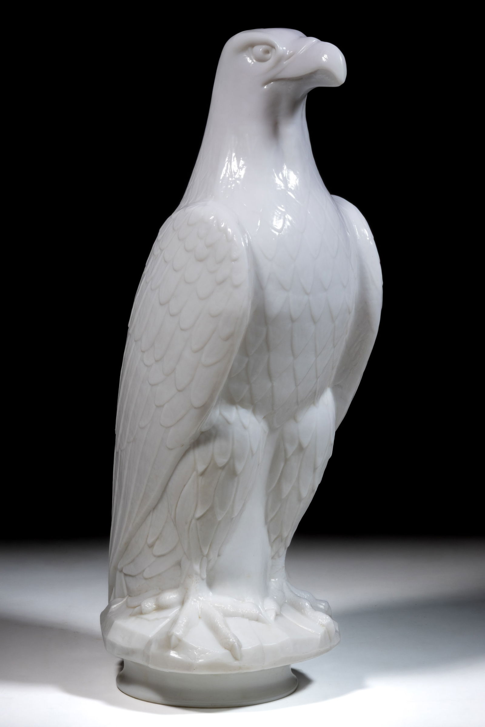 RARE LARGE-SIZED WHITE EAGLE GAS CO. "FULL FEATHER" FIGURAL MILK GLASS GAS GLOBE: RARE LARGE-SIZED WHITE EAGLE GAS CO. "FULL FEATHER" FIGURAL MILK GLASS GAS GLOBE, opaque white/milk glass, cast in the well-detailed form of a proud eagle with large talons standing on a roc