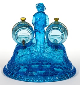 LARGE-SIZED FRENCH PRESSED GLASS FIGURAL DOUBLE DECANTER STAND / SET