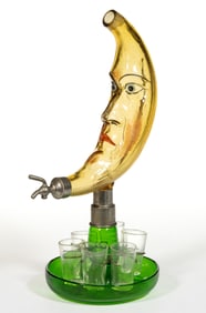 CZECH ART DECO FIGURAL GLASS "MAN IN THE MOON" ABSINTHE DECANTER STAND / LIQUEUR SET