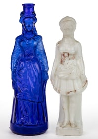 FIGURAL FEMALE BLOWN-MOLDED GLASS BOTTLES / LIQUOR DECANTERS, LOT OF TWO