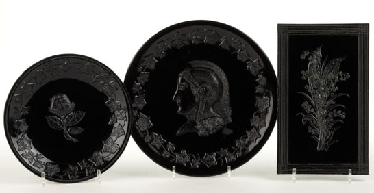 BRIDGETON, NEW JERSEY "FERROLINE" PRESSED BLACK GLASS PLATES / PLAQUES, LOT OF THREE