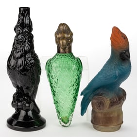 ASSORTED GLASS PARROTS / COCKATIEL FIGURAL BIRD BOTTLES, LOT OF THREE