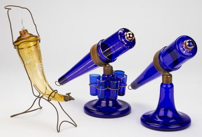 CZECH ART DECO FIGURAL GLASS DECANTER STANDS / LIQUEUR SETS, LOT OF THREE