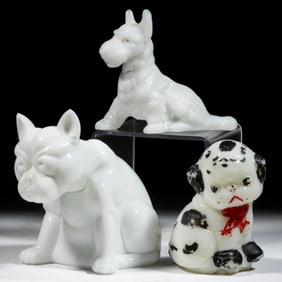ASSORTED MILK GLASS FIGURAL DOG PAPERWEIGHTS AND DOORSTOPS, LOT OF THREE