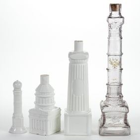 ASSORTED FIGURAL MONUMENT BLOWN-MOLDED GLASS BOTTLES / LIQUOR DECANTERS, LOT OF FOUR