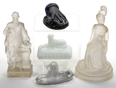 ASSORTED PRESSED GLASS FIGURAL PAPERWEIGHTS AND STATUETTES, LOT OF FIVE