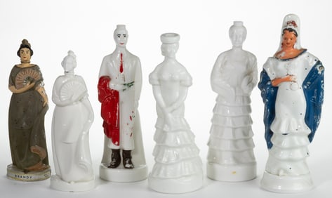 ASSORTED "SPANISH WOMAN" AND OTHER FIGURAL BLOWN-MOLDED GLASS BOTTLES / LIQUOR DECANTERS, LOT OF SIX