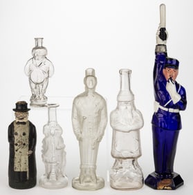 ASSORTED FIGURAL BLOWN-MOLDED GLASS BOTTLES / LIQUOR DECANTERS, LOT OF SIX