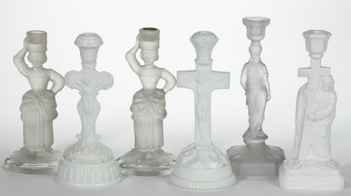 ASSORTED PRESSED GLASS CRUCIFIX AND OTHER FIGURAL CANDLESTICKS, LOT OF SIX