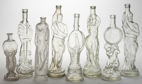 ASSORTED FIGURAL BLOWN-MOLDED GLASS BOTTLES / LIQUOR DECANTERS, LOT OF EIGHT