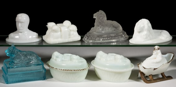 ASSORTED PRESSED GLASS NOVELTY COVERED DISHES AND RELATED ARTICLES, LOT OF EIGHT