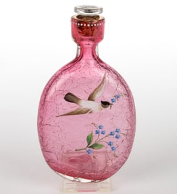 VICTORIAN ENAMEL-DECORATED CRACKLE GLASS POCKET FLASK