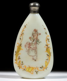 VICTORIAN ENAMEL-DECORATED OPAL GLASS POCKET FLASK