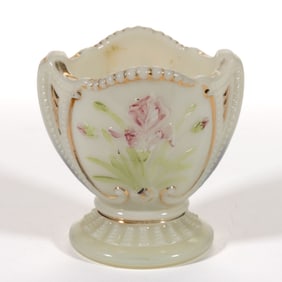 WILD BOUQUET PRESSED OPAQUE VASELINE / CUSTARD GLASS TOOTHPICK HOLDER