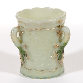 NORTHWOOD MAPLE LEAF PRESSED OPAQUE VASELINE / CUSTARD GLASS TOOTHPICK HOLDER