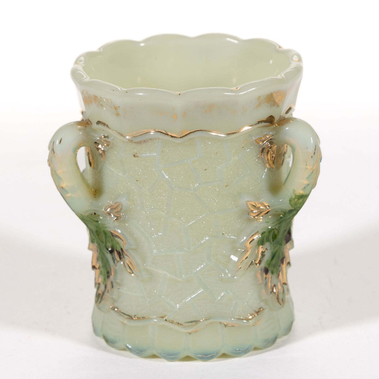 NORTHWOOD MAPLE LEAF PRESSED OPAQUE VASELINE / CUSTARD GLASS TOOTHPICK HOLDER: NORTHWOOD MAPLE LEAF PRESSED OPAQUE VASELINE / CUSTARD GLASS TOOTHPICK HOLDER, custard or ivory/opaque Vaseline (reacts under black light) with bright gilt decoration and green-stain highlights t