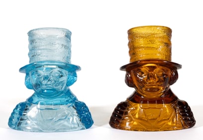 FIGURAL "MAN WITH HAT" PRESSED GLASS TOOTHPICK HOLDERS, LOT OF TWO