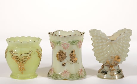 ASSORTED PRESSED OPAQUE VASELINE / CUSTARD GLASS TOOTHPICK HOLDERS, LOT OF THREE