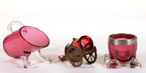 ASSORTED CRANBERRY GLASS NOVELTY TOOTHPICK HOLDERS, LOT OF THREE