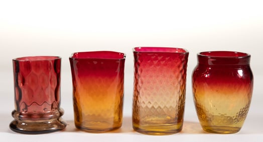 ASSORTED PATTERNED VICTORIAN AMBERINA GLASS TOOTHPICK HOLDERS, LOT OF FOUR