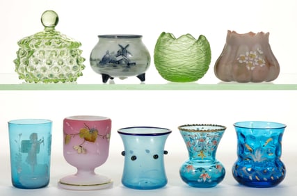 MT. WASHINGTON AND OTHER VICTORIAN ART GLASS TOOTHPICK HOLDERS, LOT OF NINE