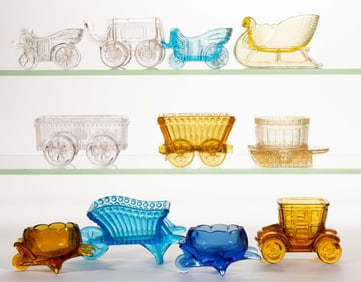 ASSORTED VICTORIAN PRESSED GLASS NOVELTY OPEN SALTS AND OTHER ARTICLES, LOT OF 11