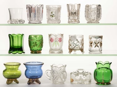 ASSORTED EAPG TOOTHPICK HOLDERS AND OTHER PRESSED GLASS ARTICLES, LOT OF 15