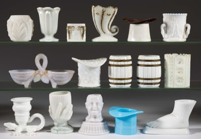 ASSORTED OPAQUE GLASS TOOTHPICK HOLDERS AND OTHER ARTICLES, LOT OF 16