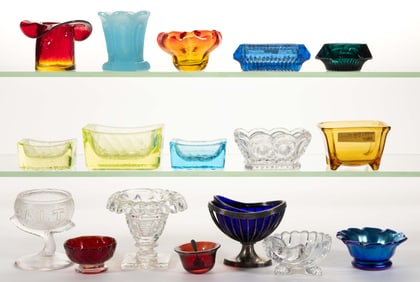 ASSORTED PRESSED GLASS OPEN SALTS AND OTHER ARTICLES, LOT OF 17