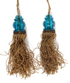 PAIR OF VICTORIAN PRESSED GLASS AND FABRIC CURTAIN PULLS / TASSELS
