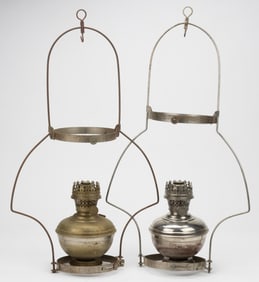ALADDIN MODEL NO. 1 / NO. 2 TRANSITION NICKEL-PLATED AND METAL KEROSENE HANGING LAMPS, LOT OF TWO