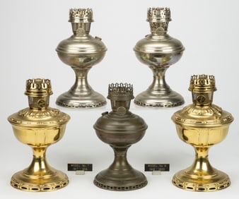 ASSORTED ALADDIN MODEL NOS. 5 - 6 - 7 - 8 BRASS AND NICKEL-PLATED KEROSENE STAND LAMPS, LOT OF FIVE