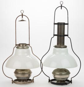 ALADDIN MODEL NO. 6 EARLY AND LATE METAL KEROSENE HANGING LAMPS, LOT OF TWO