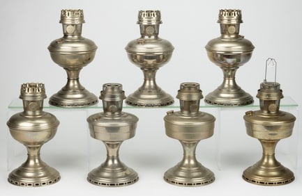ASSORTED ALADDIN MODEL NOS. 9 - 10 - 11 - 12 NICKEL-PLATED KEROSENE STAND LAMPS, LOT OF SEVEN